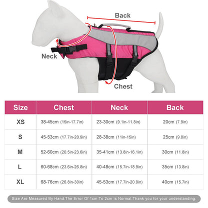 Dog life jacket with handle size chart with chest, neck and back length