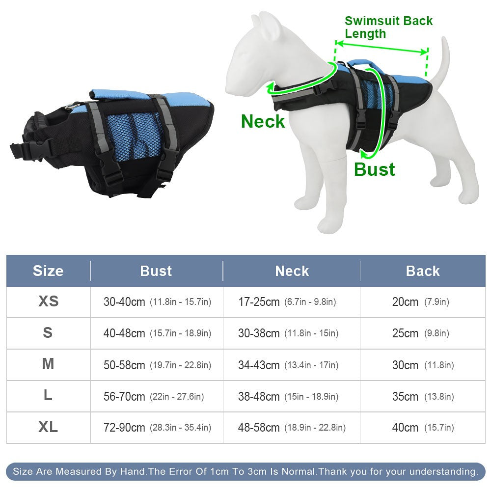 Dog life jacket with pocket size chart with bust, neck and back length