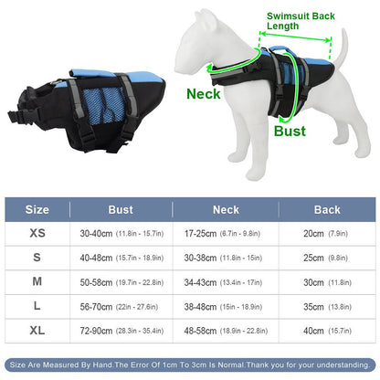 Dog life jacket with pocket size chart with bust, neck and back length