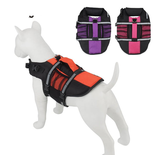 Orange dog life jacket with mesh pocket on a dog mannequin, plus purple and pink