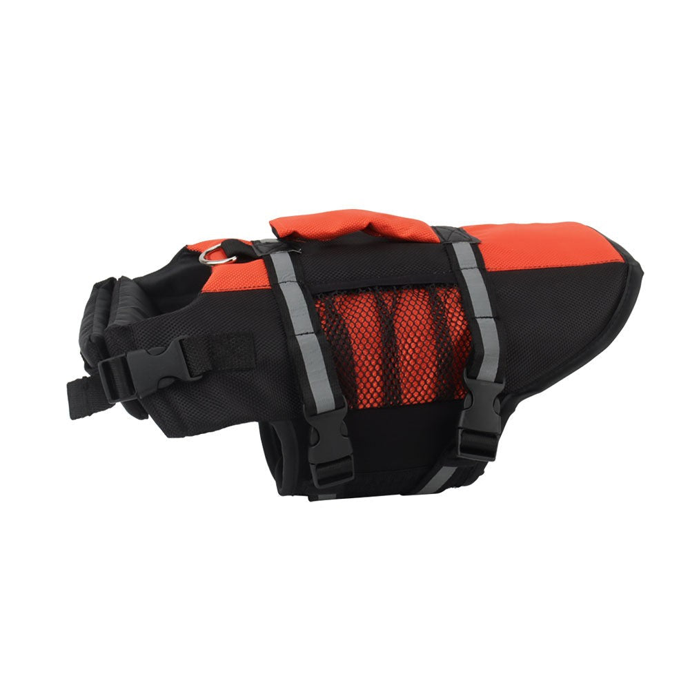 Orange dog life jacket with a mesh side pocket and reflective straps