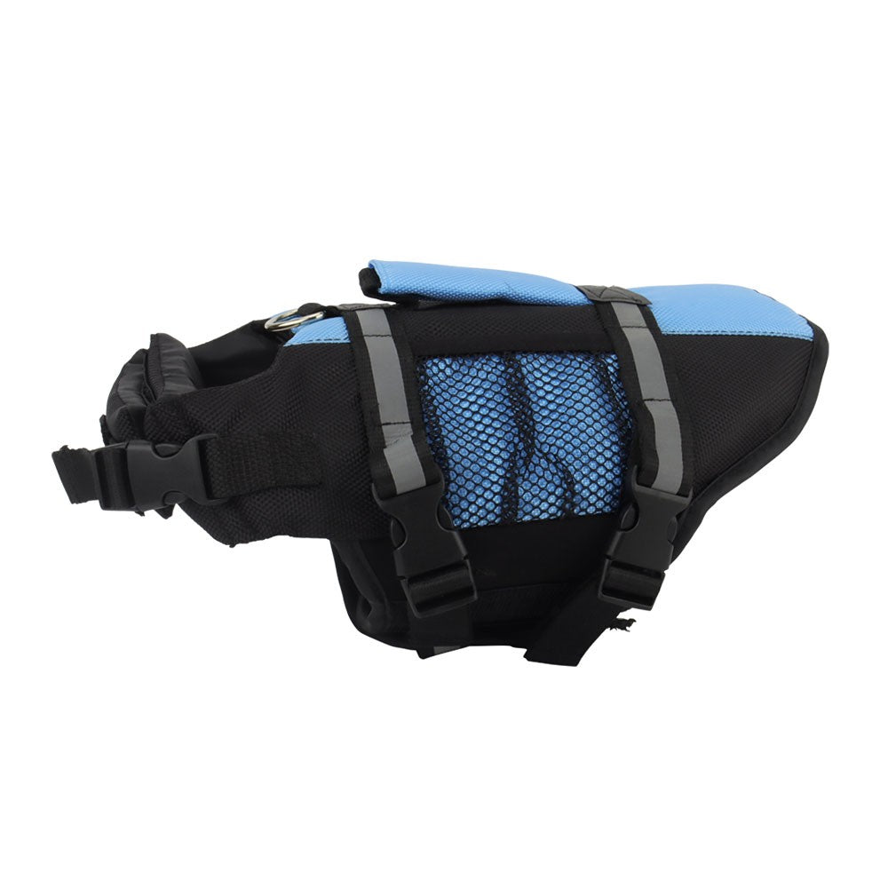 Blue dog life jacket with a mesh side pocket and reflective straps
