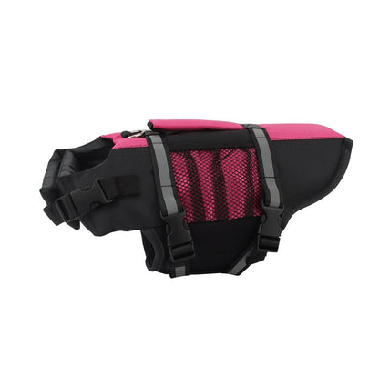 Pink dog life jacket with a mesh side pocket and reflective straps
