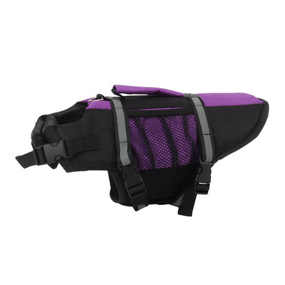 Purple dog life jacket with a mesh side pocket and reflective straps