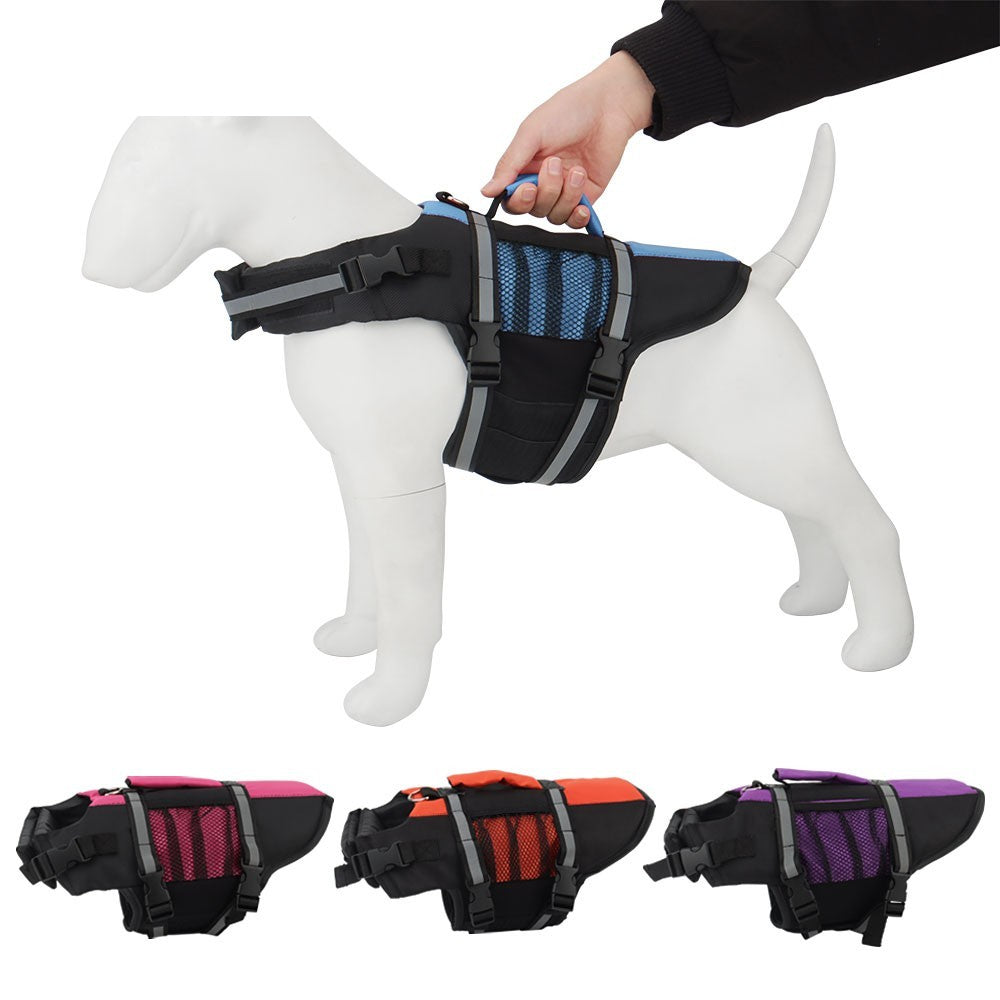 Hand lifting a dog mannequin by the top handle of the dog swim jacket