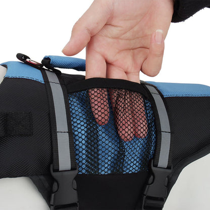 Close-up of the zip mesh pocket holding treats on the dog life jacket