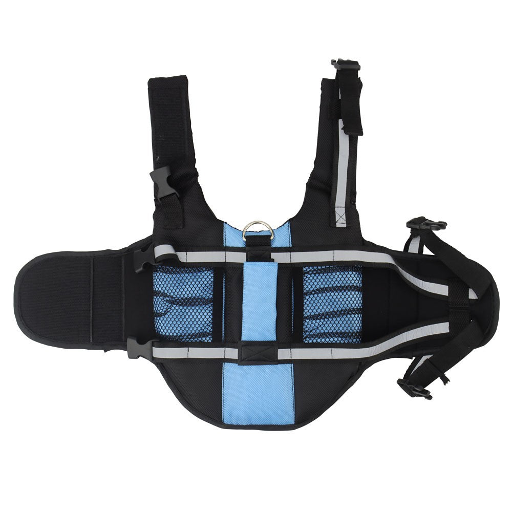 Blue dog swim jacket laid flat with reflective straps and D-ring