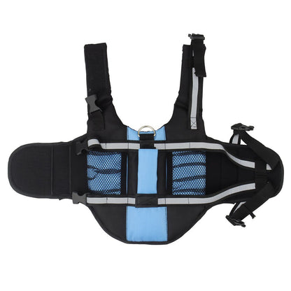 Blue dog swim jacket laid flat with reflective straps and D-ring