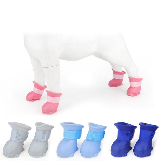 Pink silicone dog rain boots on a dog mannequin, with gray, light blue and dark blue pairs