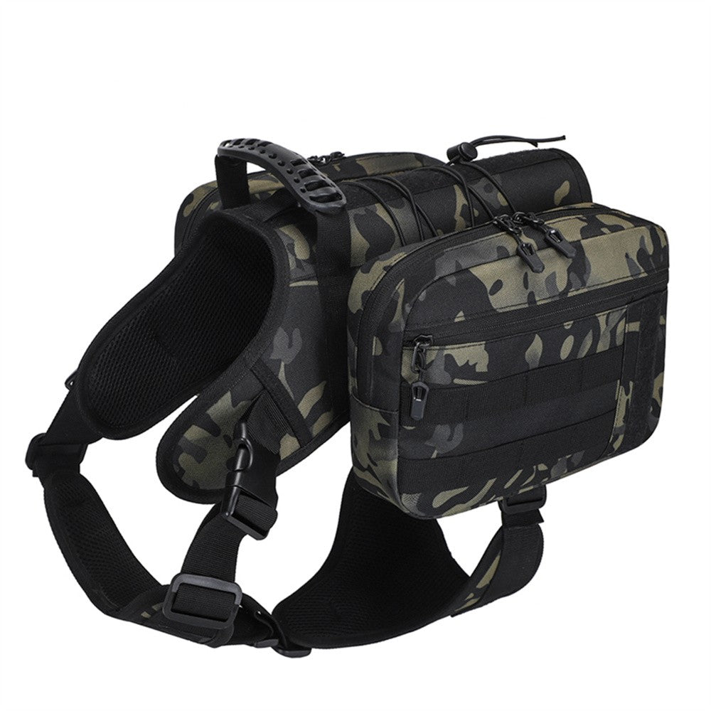 Camo dog saddle bag harness with two side pouches