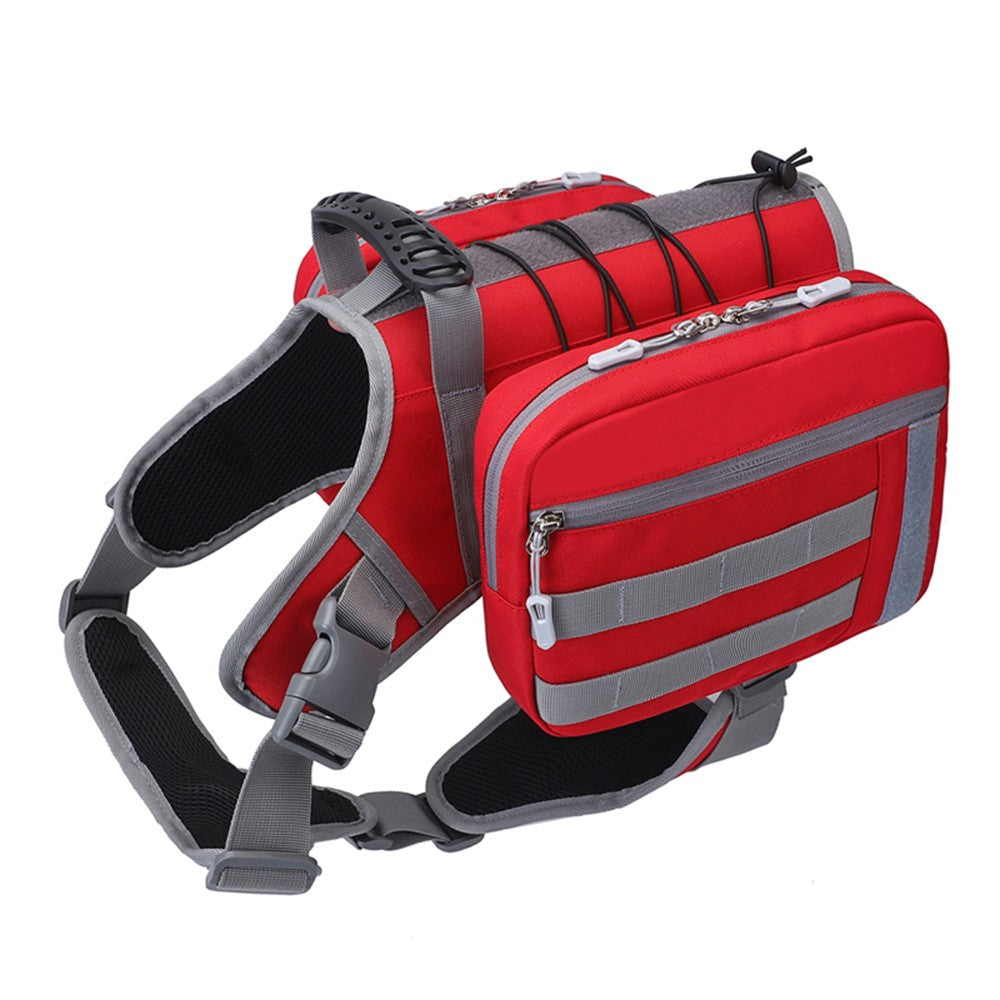 Red dog saddle bag harness with reflective strips