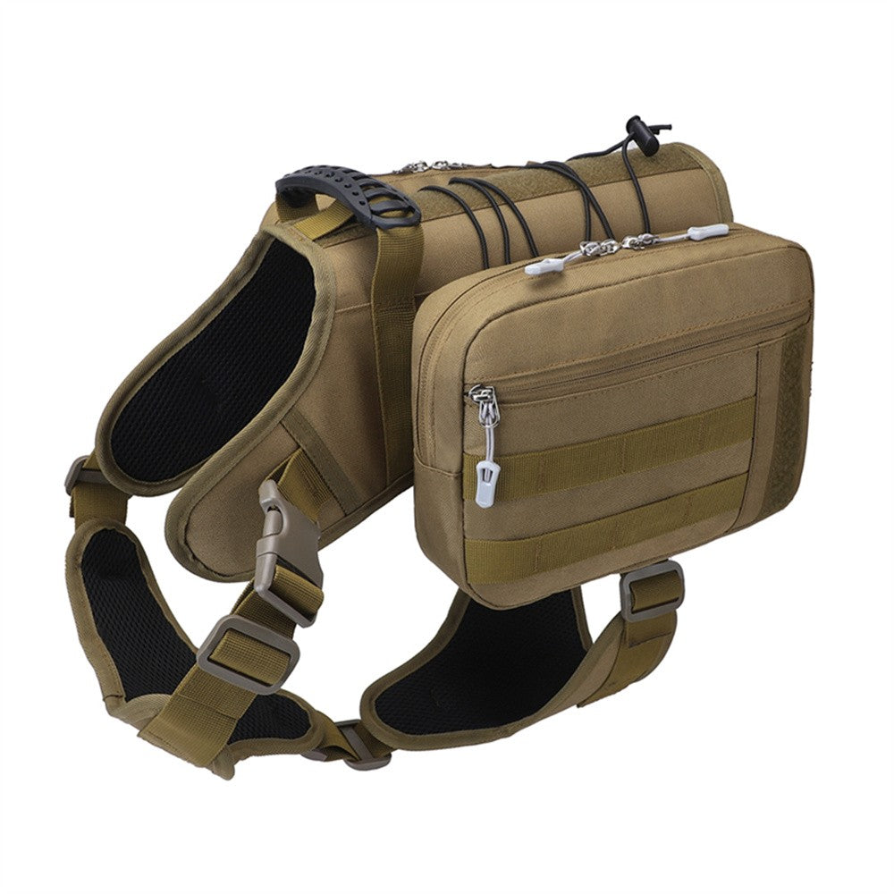 Khaki dog saddle bag harness with two side pouches