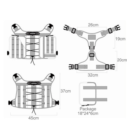 Dog saddle bag size guide with harness and pouch measurements