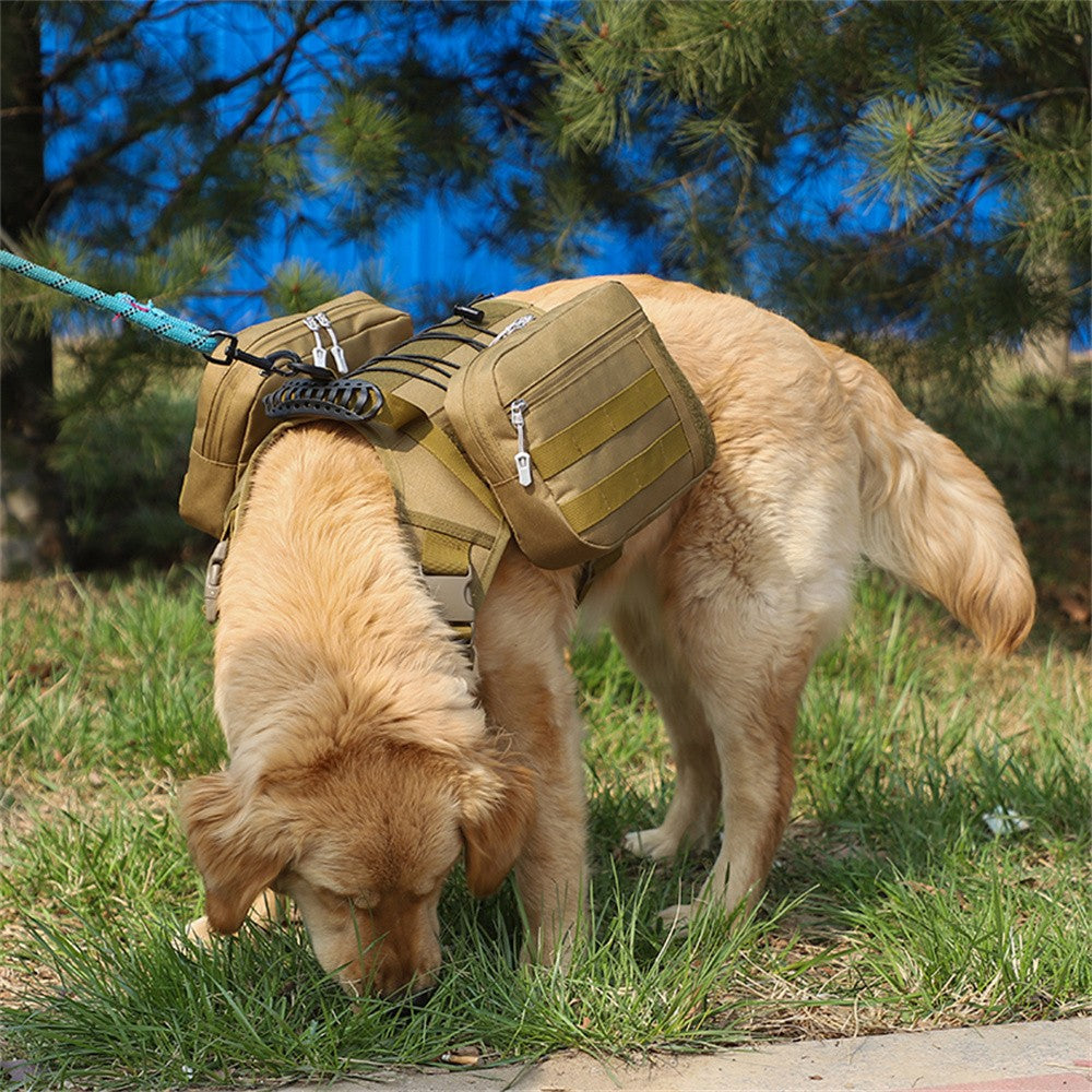 Khaki saddle bag on a dog sniffing the grass