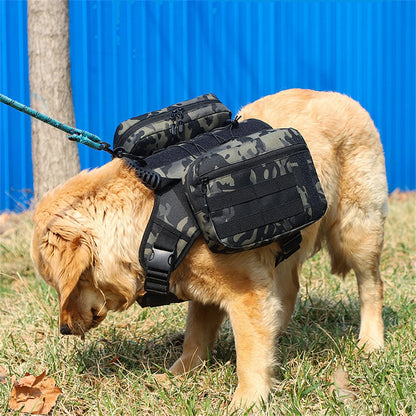 Camo saddle bag on a golden retriever
