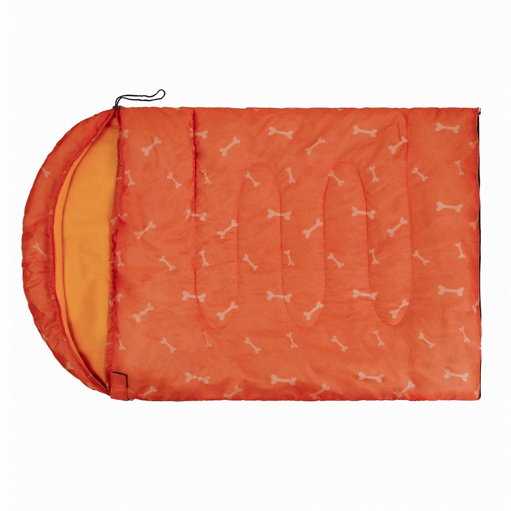 Orange dog sleeping bag with bone print, closed