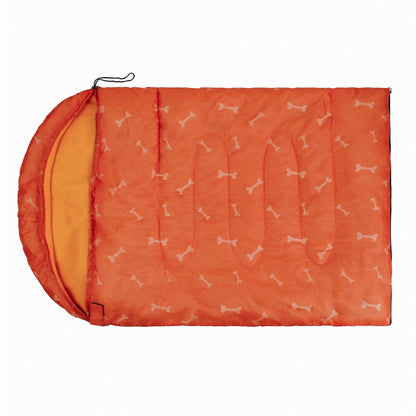 Orange dog sleeping bag with bone print, closed
