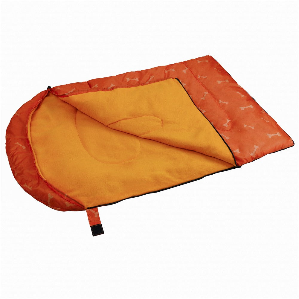 Dog sleeping bag unzipped to show the warm orange lining