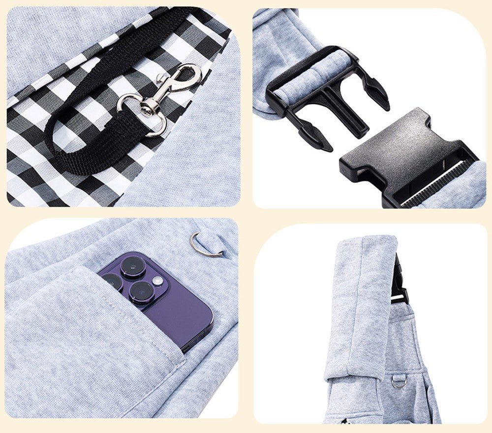 Dog sling carrier details: quick-release buckle, zip pocket and adjustable strap