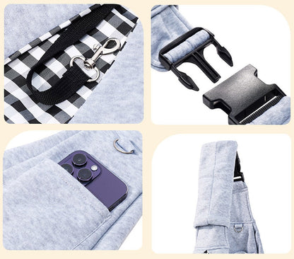 Dog sling carrier details: quick-release buckle, zip pocket and adjustable strap