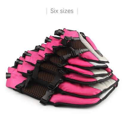 Dog swimsuit life vest stacked in six sizes