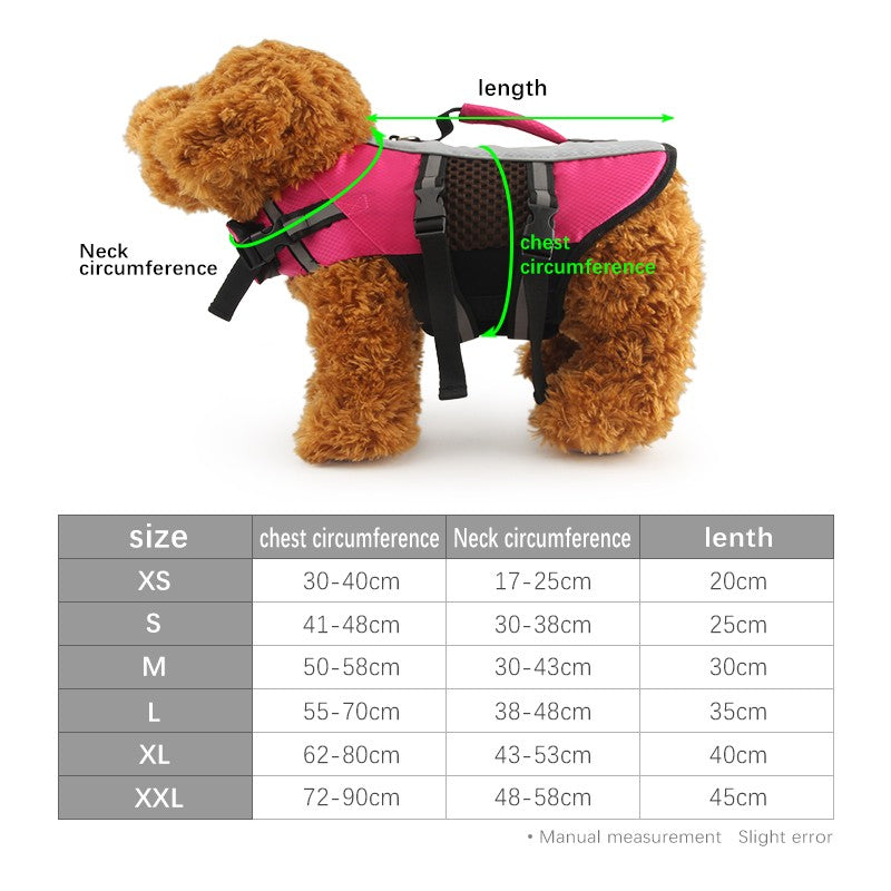Dog swimsuit life vest size chart with chest, neck and back length