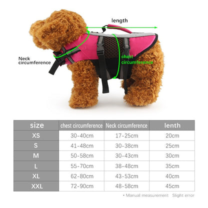 Dog swimsuit life vest size chart with chest, neck and back length