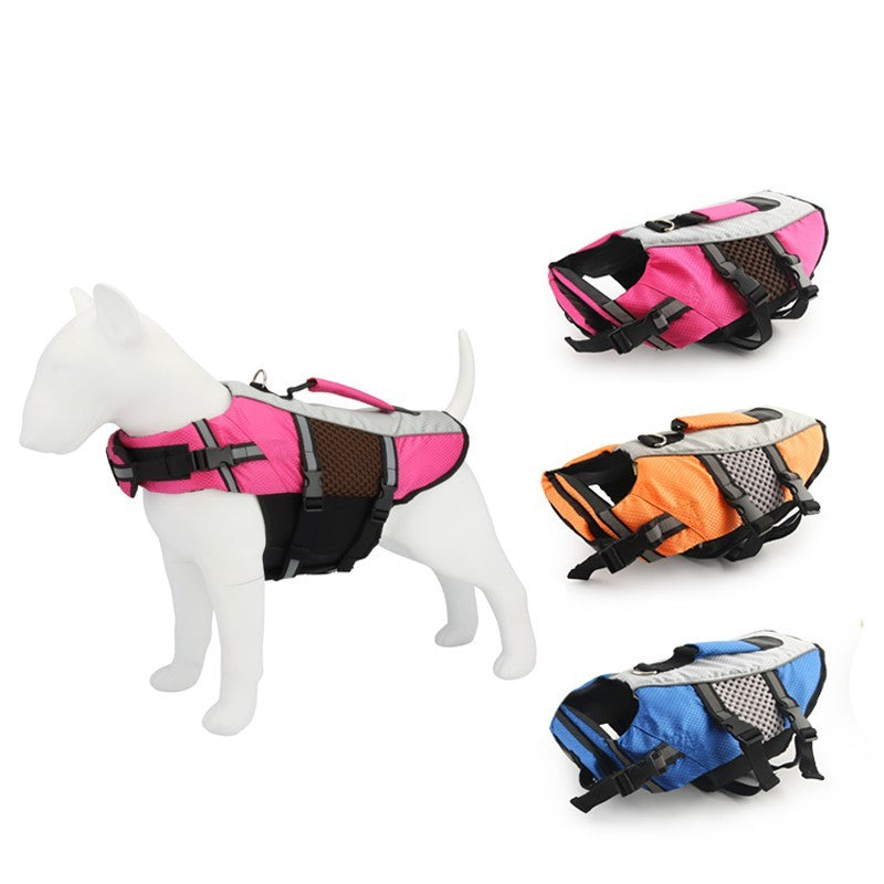 Pink dog swimsuit life vest on a dog mannequin with orange and blue options