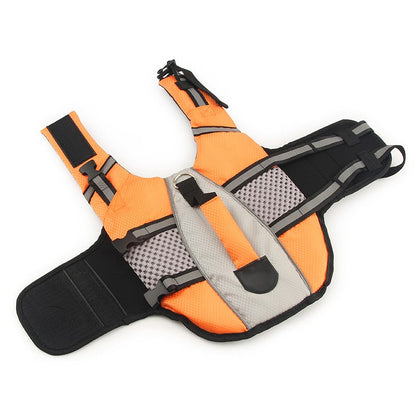 Orange dog life vest with a gray centre panel and mesh sides