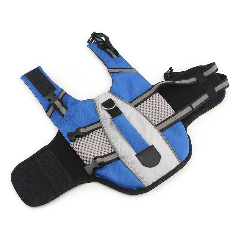 Blue dog life vest with a gray centre panel and mesh sides