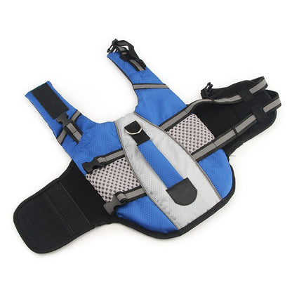 Blue dog life vest with a gray centre panel and mesh sides