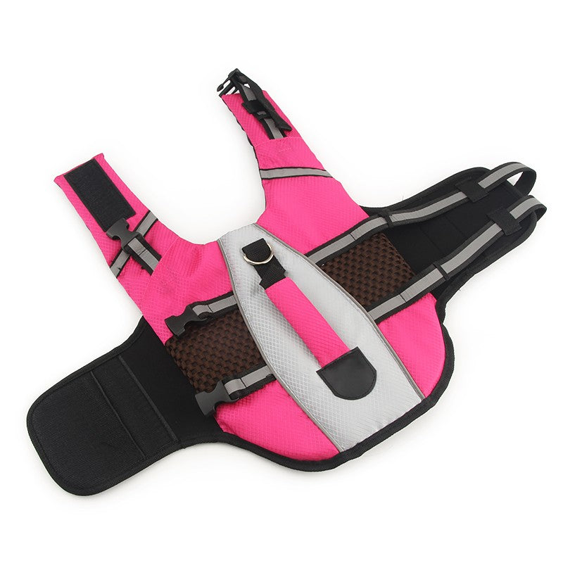 Pink dog life vest with a gray centre panel and mesh sides