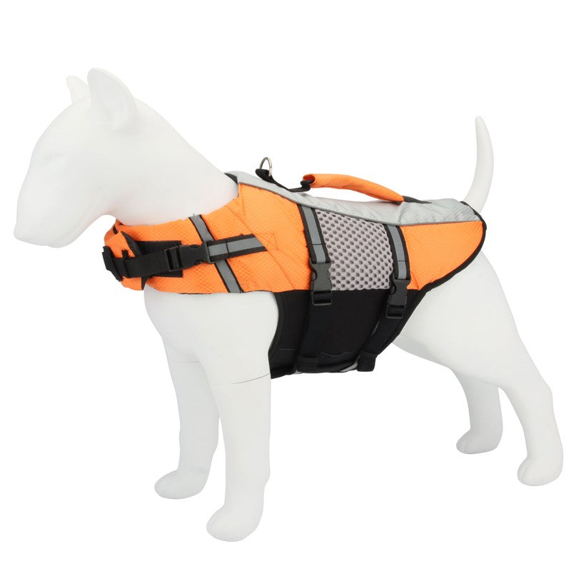 Orange dog bathing suit life vest on a dog mannequin