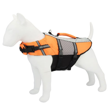 Orange dog bathing suit life vest on a dog mannequin