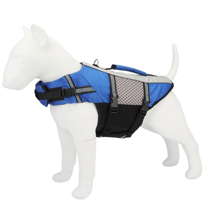 Blue dog bathing suit life vest on a dog mannequin