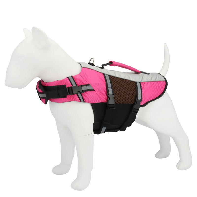 Pink dog bathing suit life vest on a dog mannequin