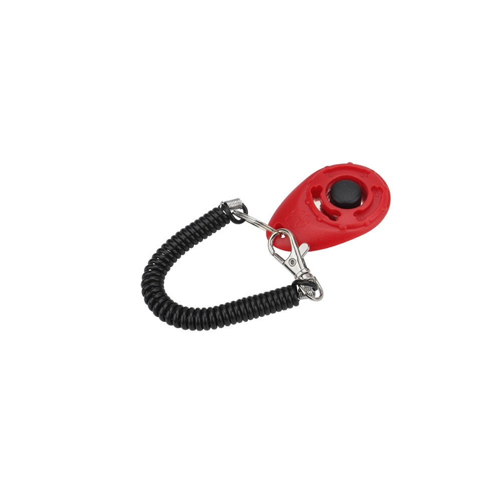 Red dog training clicker with coiled wrist strap