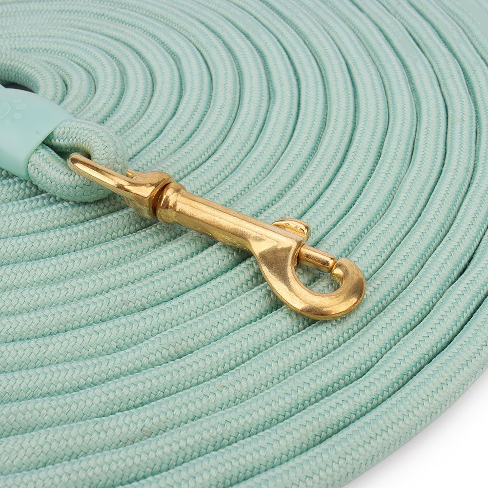 Close-up of the brass swivel snap hook on the coiled rope