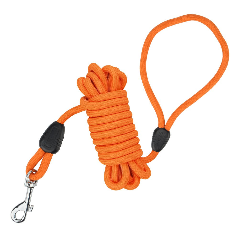 Orange dog training leash with black padded handle and silver snap hook