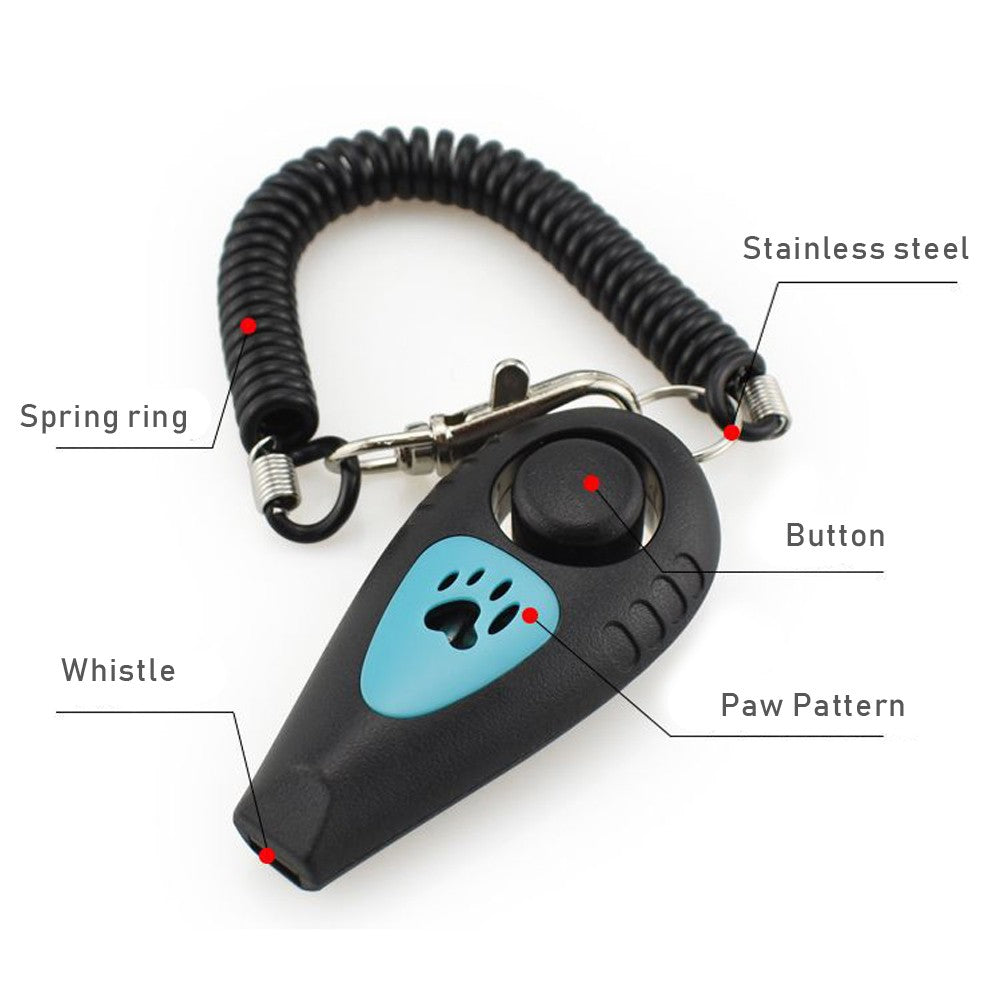 Whistle clicker parts: whistle mouthpiece, clicker button, paw pattern, stainless steel clip and spring wrist strap