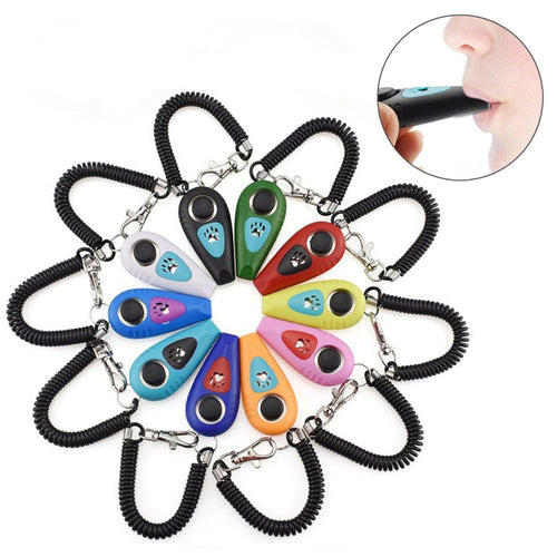 Dog training whistle clickers in ten colours with coiled wrist straps