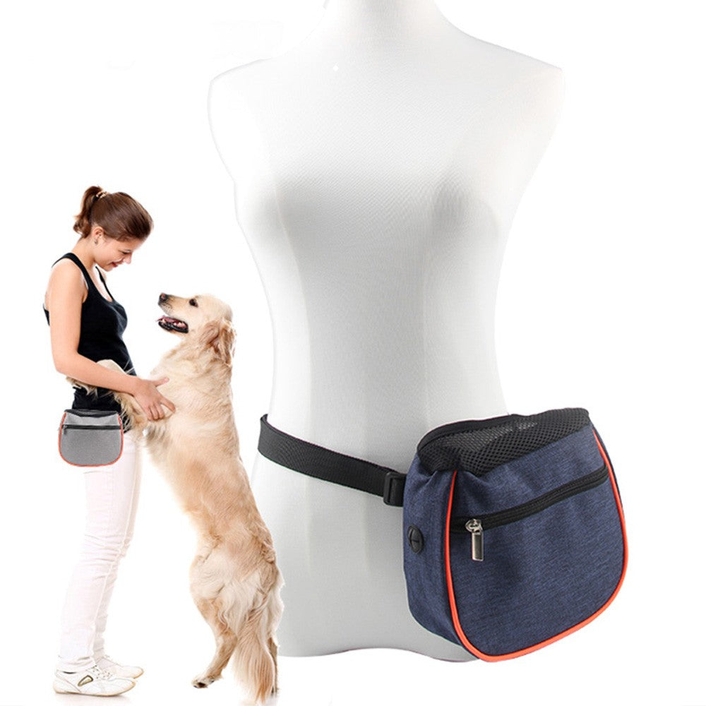 Woman training a golden retriever while wearing the dog treat waist bag