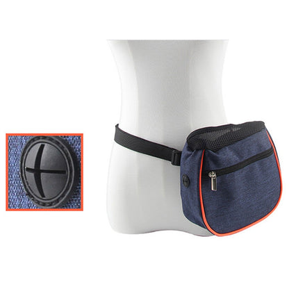 Treat waist bag worn at the hip, with the poop bag outlet shown