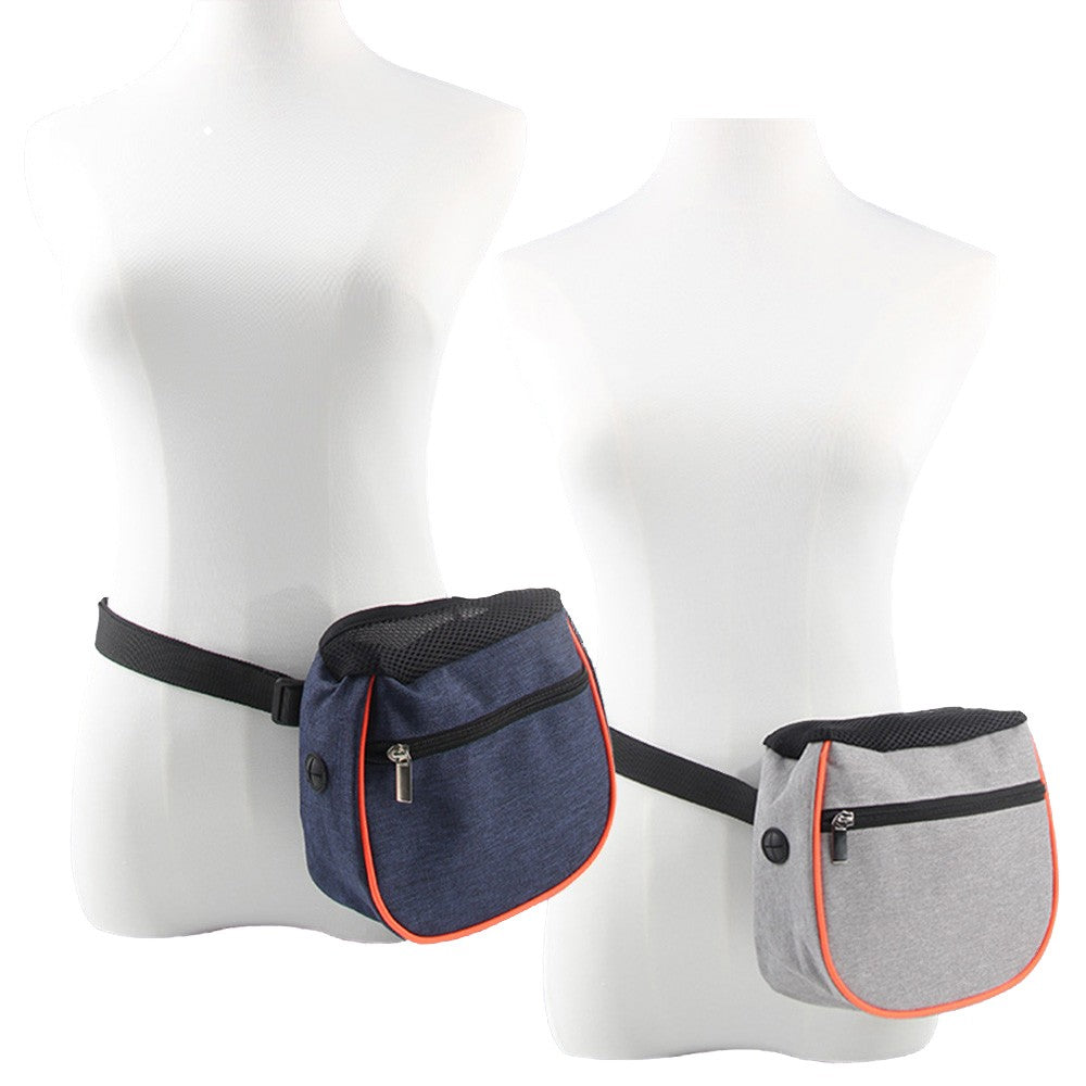 Gray and blue treat waist bags shown on a mannequin
