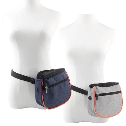 Gray and blue treat waist bags shown on a mannequin