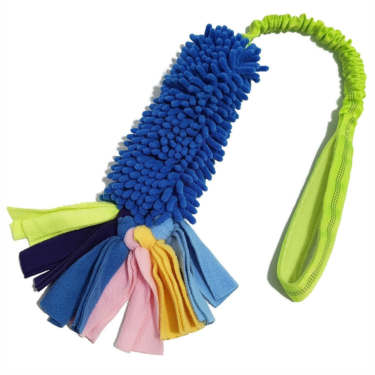 Blue dog tug toy with fabric tassels and a green elastic bungee handle