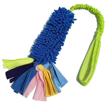 Blue dog tug toy with fabric tassels and a green elastic bungee handle
