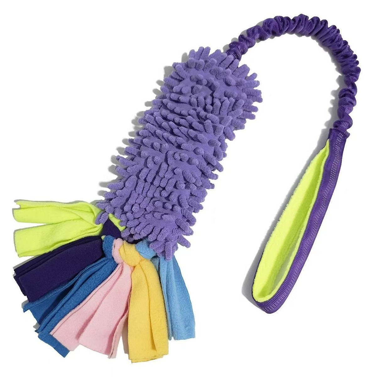 Purple dog tug toy with fabric tassels and a purple elastic bungee handle