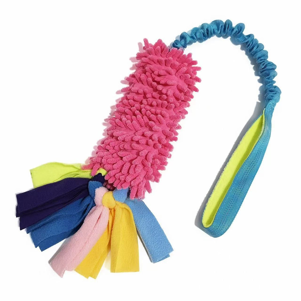Pink dog tug toy with fabric tassels and a blue elastic bungee handle