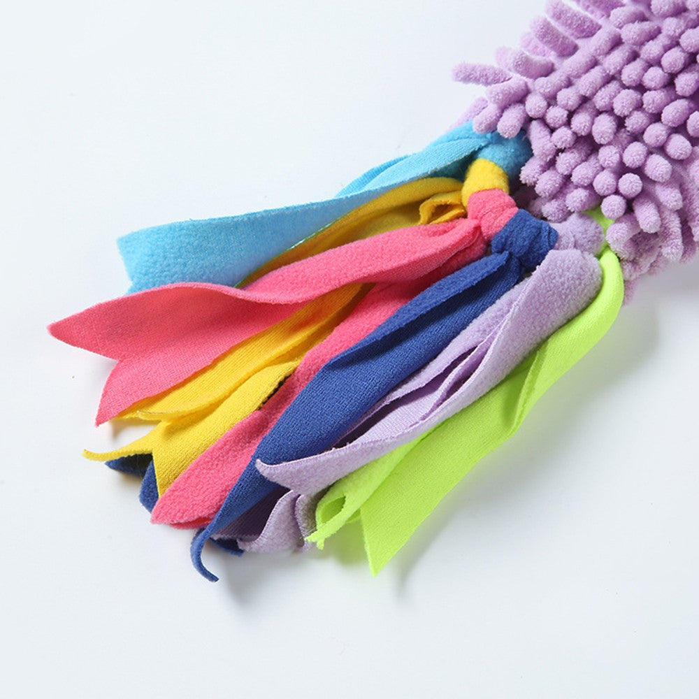 Close-up of the colourful fabric tassels on the dog tug toy
